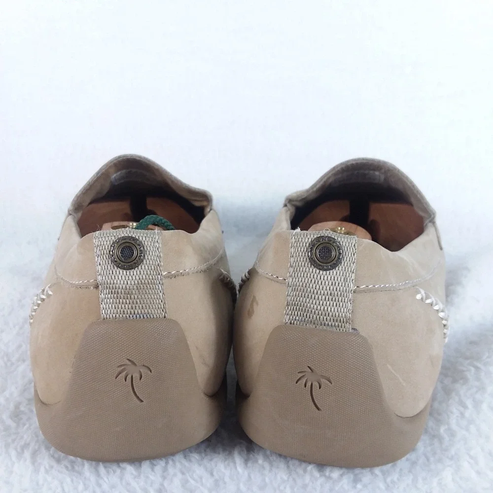 Margaritaville Venice Mens 10 Loafer Shoes Tan Suede Palm Tree Logo Boat Coastal
